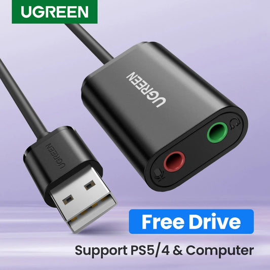 UGREEN Sound Card External 3.5mm USB Adapter USB to Microphone Speaker Audio Interface for PS4 Laptop Computer USB Sound Card