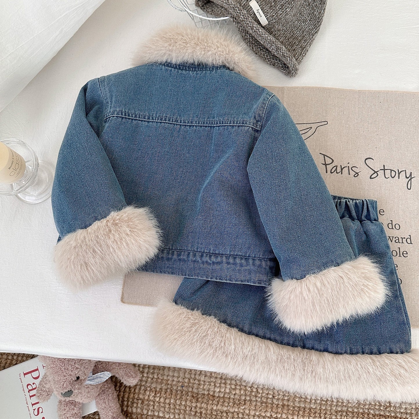 Children's Sets Girls' Fleece-Lined Denim Set Korean Winter Jacket & Skirt 2-Piece Thickened Outfit for Toddlers