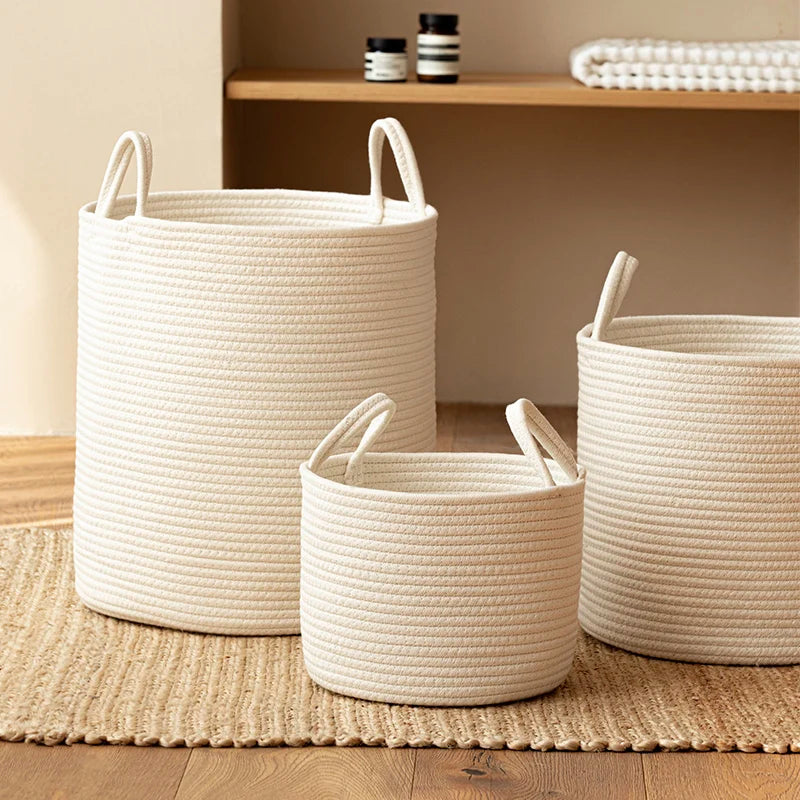 Solid White Laundry Basket Home Organization And Storage Baby Children Toy Storage Baskets Cotton Rope Woven Sundries Organizer