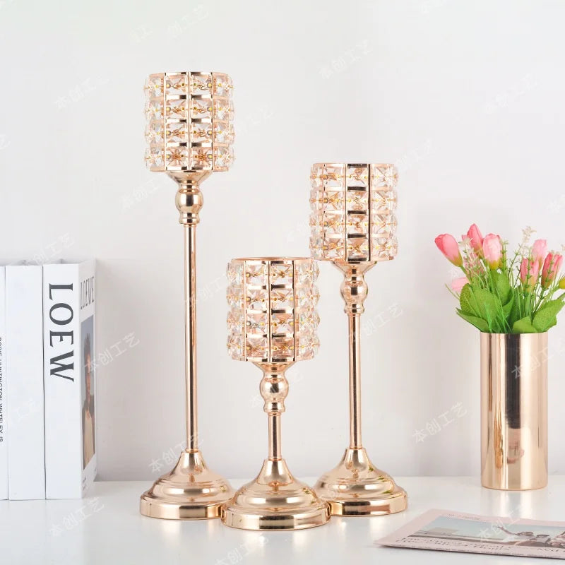 Crystal Glass Candle Holders Luxury Retro Metal Candlesticks, Wedding Party, Christmas Holiday, Desktop Home Decoration, 3 Sizes
