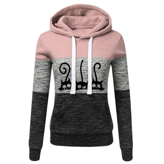 Cute Cat Women's Fleece Long Sleeve Hoodie Slim Fit Sweatshirt Autumn Winter Warm Ladies Casual Color Matching Outdoors Pullover
