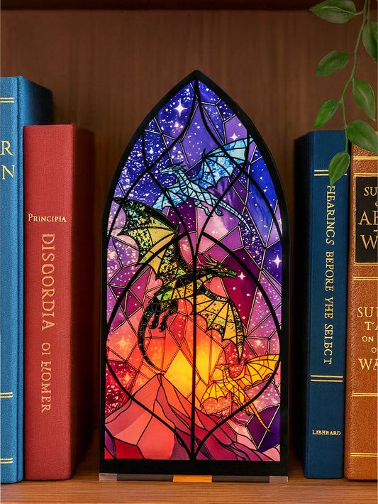 Acrylic Candle Holder Gothic Arch Design with Colorful Dragon & Starry Sky Pattern Tabletop Decor for Home,Living Room & Bedroom