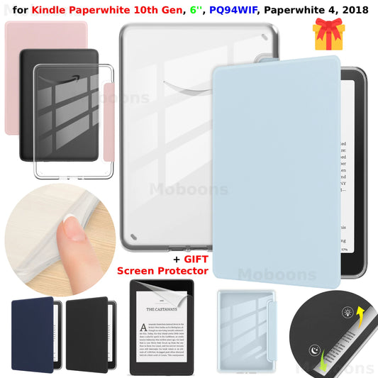 For Kindle Paperwhite 10th Gen Case + Screen Protector PQ94WIF 6" Clear Acrylic PU Leather Cover Paperwhite 4 2018 Smart Funda