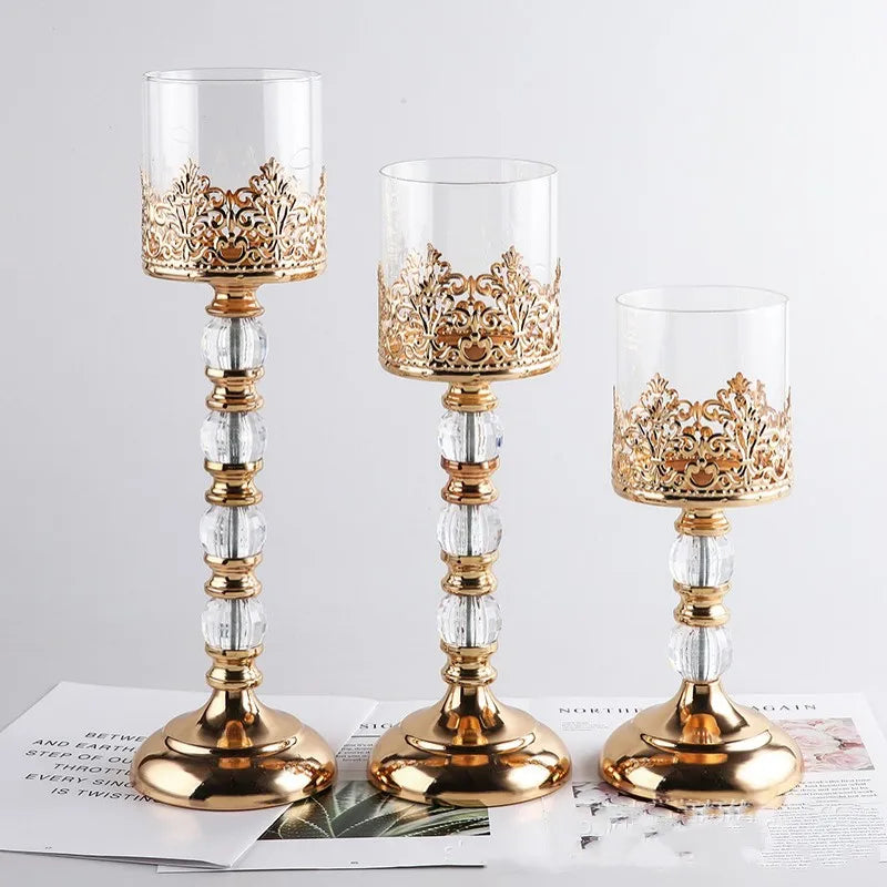 Crystal Glass Candle Holders Luxury Retro Metal Candlesticks, Wedding Party, Christmas Holiday, Desktop Home Decoration, 3 Sizes