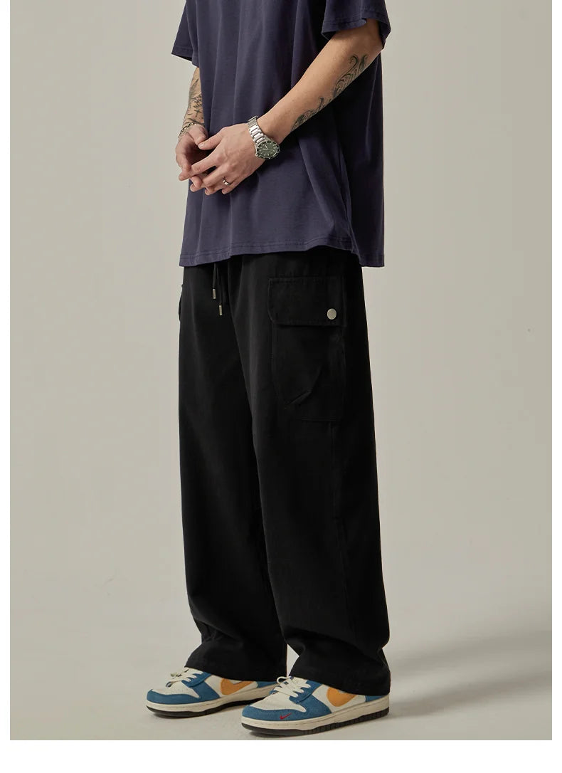 Men's Sweatpants 2025 Spring Autumn Vintage Japanese Wide Leg Straight Loose Button Big Pockets Cargo Pants Drawstring Trousers