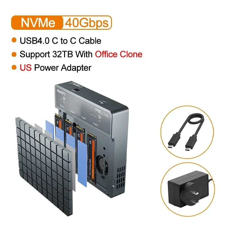MAIWO 40Gbps M.2 NVMe SSD Enclosure 4 Bay m2 nvme ssd Adapter for M.2 To Type-C 4.0 32TB Hard Drive Case Support Offline Clone