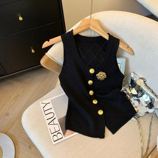 Women Clothes Stylish Vintage Elegant Luxury Chic Hollow Button Knitted Vest Summer V Neck Sleeveless Black White Slim Tank Tops
