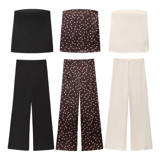 MYST&ZA2025 Summer New Women's Clothing Elegant Off Shoulder Silk Texture strapless Top+High Waist Slimming Pants Set