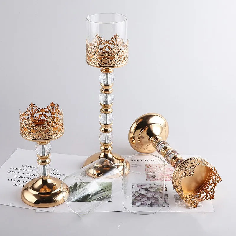 Crystal Glass Candle Holders Luxury Retro Metal Candlesticks, Wedding Party, Christmas Holiday, Desktop Home Decoration, 3 Sizes