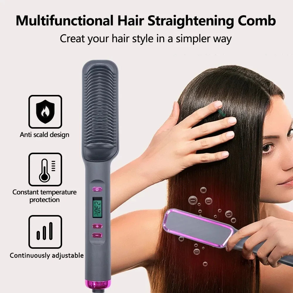 Electric Hair Straightener Brush Fast Heating Straightening Brush Hair Straightener with Anti-Scald Feature Straightener Comb