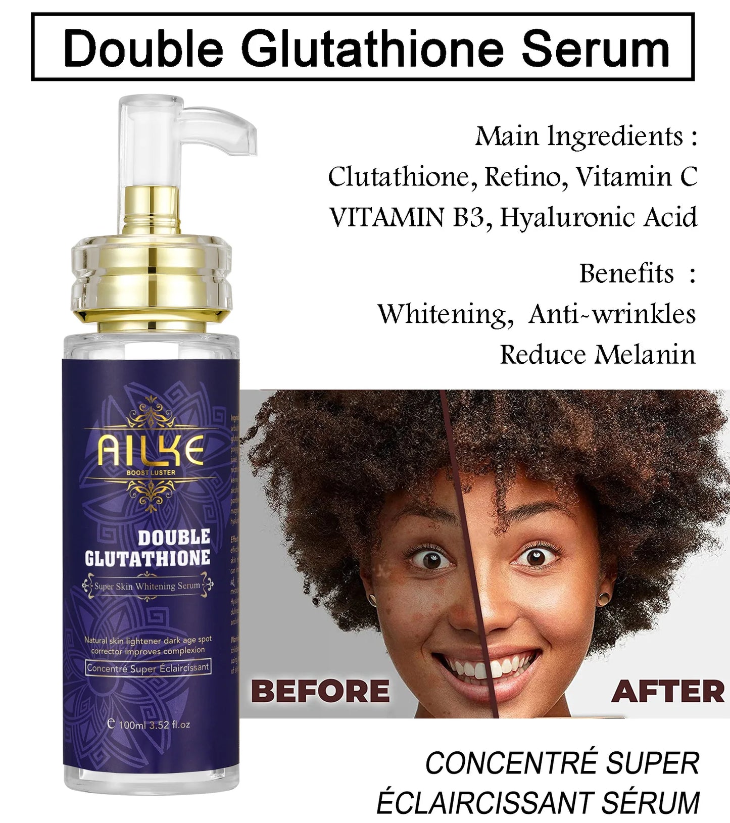 AILKE Double Glutathione Whitening Skin Care, Lightening, Remove Dark Spots, Skin Radiant, Moisturizing, Hydrating, Smooth