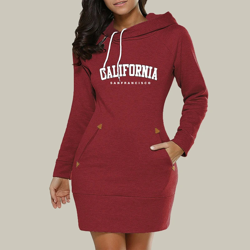 California Womens Dress Neck Side Zipper Fashion Print Long Sleeve Hooded Sports Skirt Hot Sales Casual Knee-Length Dress S-3XL