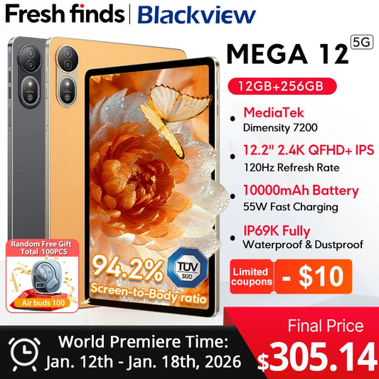 【World premiere】Blackview MEGA 12 Tablet 5G 12.2" 2.4K 120Hz Display Dimensity 7200 CPU IP69K Waterproof 50MP 10000mAh Pad PC