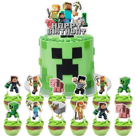 25pcs Pixel Mine Cartoon Cake Topper Cupcake Toppers for Kids Birthday DIY Decoration Theme Party Supply Birthday Cake Accessory