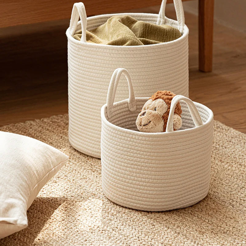 Solid White Laundry Basket Home Organization And Storage Baby Children Toy Storage Baskets Cotton Rope Woven Sundries Organizer