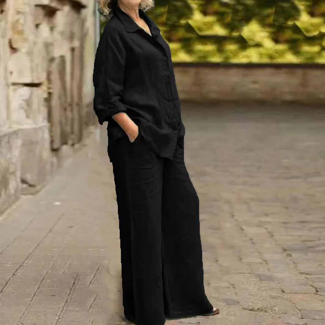 Fashion Cotton Linen Shirt Long Sleeved Women's Set Spring Autumn Loose Cotton  Linen Wide Leg Trousers Female Office 2piece Set