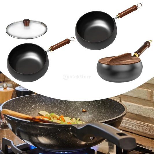 Nonstick Wok No Coating Gas Boiling Stir Fry Pan for Restaurant Camping Home Frying Pan Iron Wok with Wood Handle