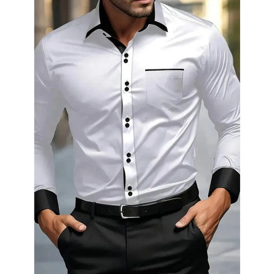 FGKKS Men White Shirt Brand New Men's Fashion Patchwork Long Sleeve Elastic Shirt Four Season Male Casual Shirts