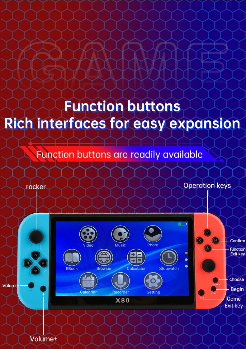 X80 Retro Handheld Game Console 7 Inch Screen HD TV Portable Game Player Built-in 16GB 10000 Games 10 Simulators for PS/PS1/MAME