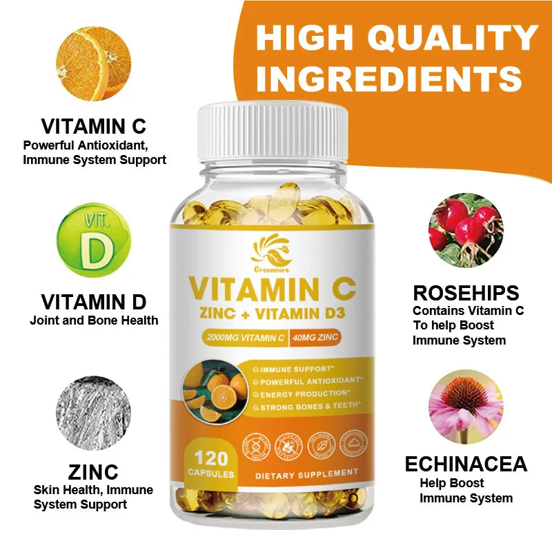 Greensure Supplements Zinc 40mg, Vitamin C 2000mg, and Vitamin D3 5000 IU (125mcg) Per Serving - 60/120 Capsules
