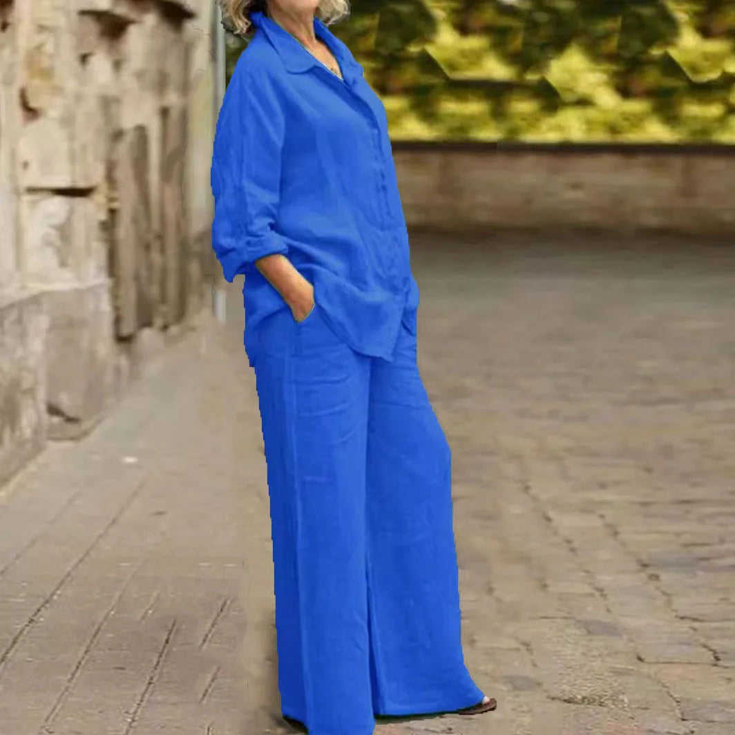 Fashion Cotton Linen Shirt Long Sleeved Women's Set Spring Autumn Loose Cotton  Linen Wide Leg Trousers Female Office 2piece Set