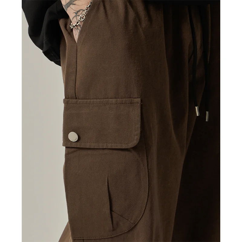 Men's Sweatpants 2025 Spring Autumn Vintage Japanese Wide Leg Straight Loose Button Big Pockets Cargo Pants Drawstring Trousers