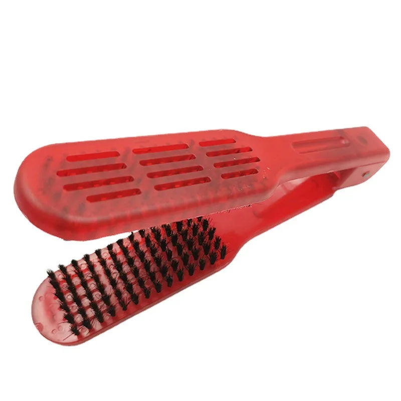 Hairdressing Straightener Hairbrush Nylon Hair Straightening Double Brushes V Shape Comb Clamp