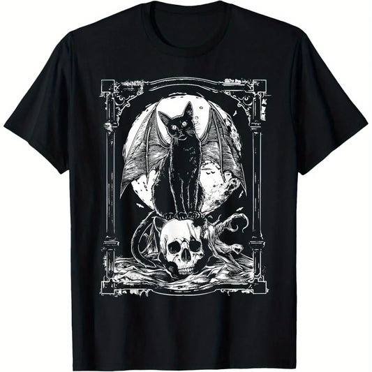 Mysterious Bat Skull Gothic Pattern T-shirt Women's Black Metal Punk Style Perfect Outdoor Casual Avant-garde Fashion Graphic