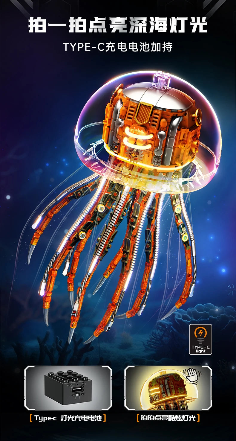 726pcs Mechanical Jellyfish Building Blocks Kit with LED Lights, STEM Toys for Kids Adults, Ocean Animal Model, Gift Boys Girls