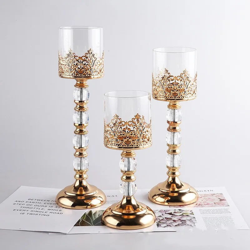 Crystal Glass Candle Holders Luxury Retro Metal Candlesticks, Wedding Party, Christmas Holiday, Desktop Home Decoration, 3 Sizes