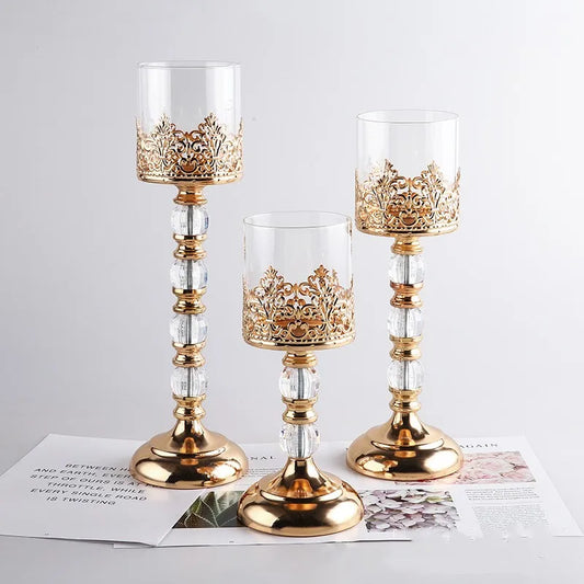 Crystal Glass Candle Holders Luxury Retro Metal Candlesticks, Wedding Party, Christmas Holiday, Desktop Home Decoration, 3 Sizes
