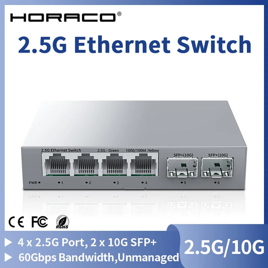 HORACO 2.5Gb Switch 2.5GBASE-T 4 Port 2.5G RJ45 with 2 Port 10G SFP+ Fanless Unmanaged Plug and Play Network Switch