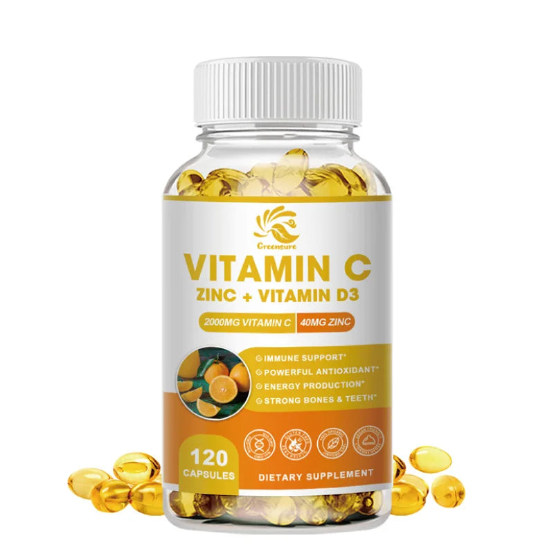 Greensure Supplements Zinc 40mg, Vitamin C 2000mg, and Vitamin D3 5000 IU (125mcg) Per Serving - 60/120 Capsules