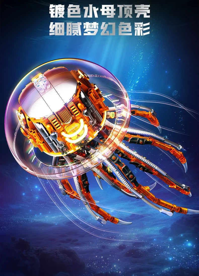 726pcs Mechanical Jellyfish Building Blocks Kit with LED Lights, STEM Toys for Kids Adults, Ocean Animal Model, Gift Boys Girls