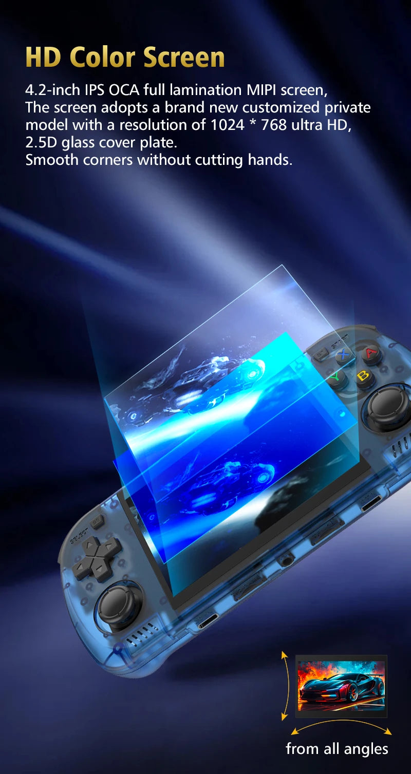 Retro Portable Gaming Console R36H PRO MAX Features a 64-bit Linux system and a 4.2-inch IPS display. This portable handheld vid