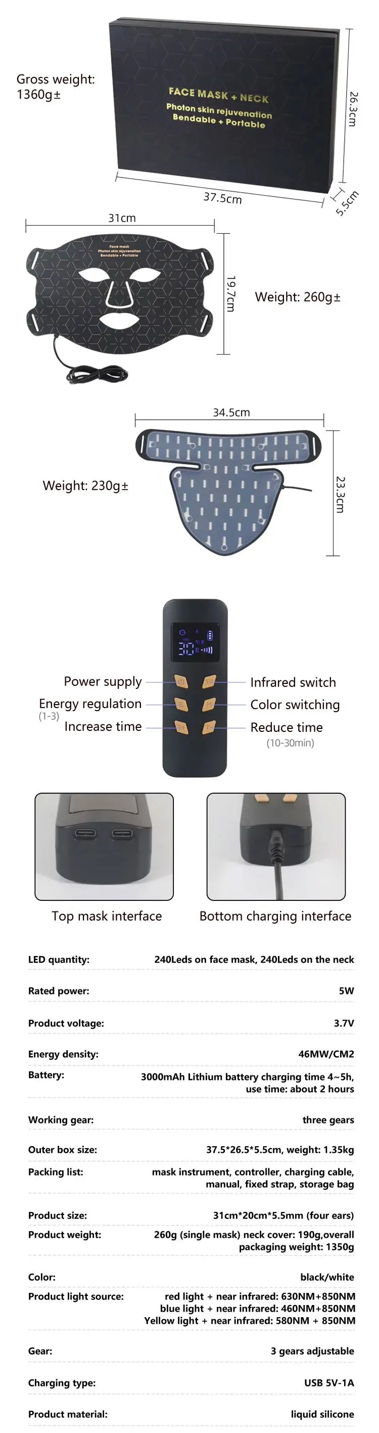 Wholesale Silicone LED Mask Face With Neck LED Photon Red Light Infrared Therapy Flexible Facial Mask Repair Skin Wireless Use