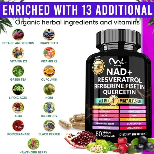 NAD supplement capsules containing liposomal NAD+, trans resveratrol, quercetin, betaine, grape seeds, fennel