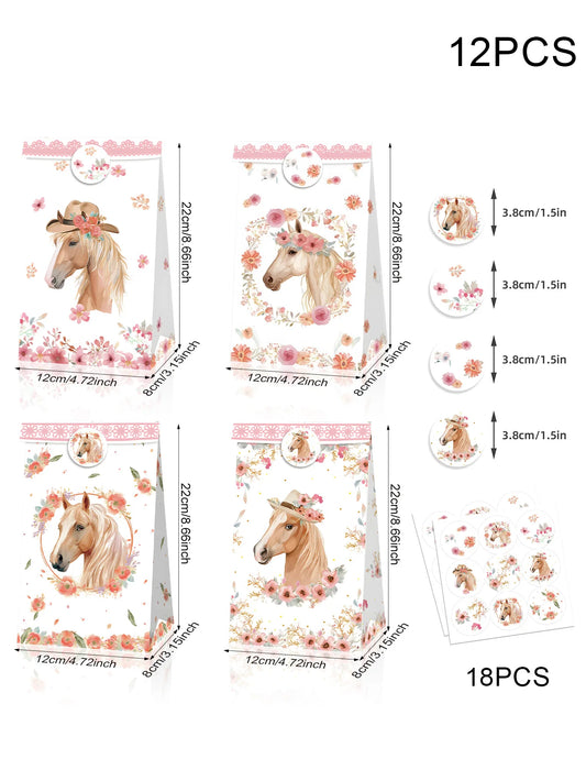 12 PCS Horse Party Favors Supplies Horse Party Bags Boxes Cowboy Gift Box Cookies Snacks Bags for Western Cowboy Cowgirl Themed