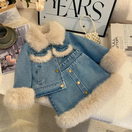Children's Sets Girls' Fleece-Lined Denim Set Korean Winter Jacket & Skirt 2-Piece Thickened Outfit for Toddlers