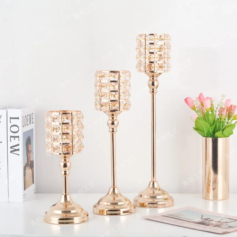 Crystal Glass Candle Holders Luxury Retro Metal Candlesticks, Wedding Party, Christmas Holiday, Desktop Home Decoration, 3 Sizes