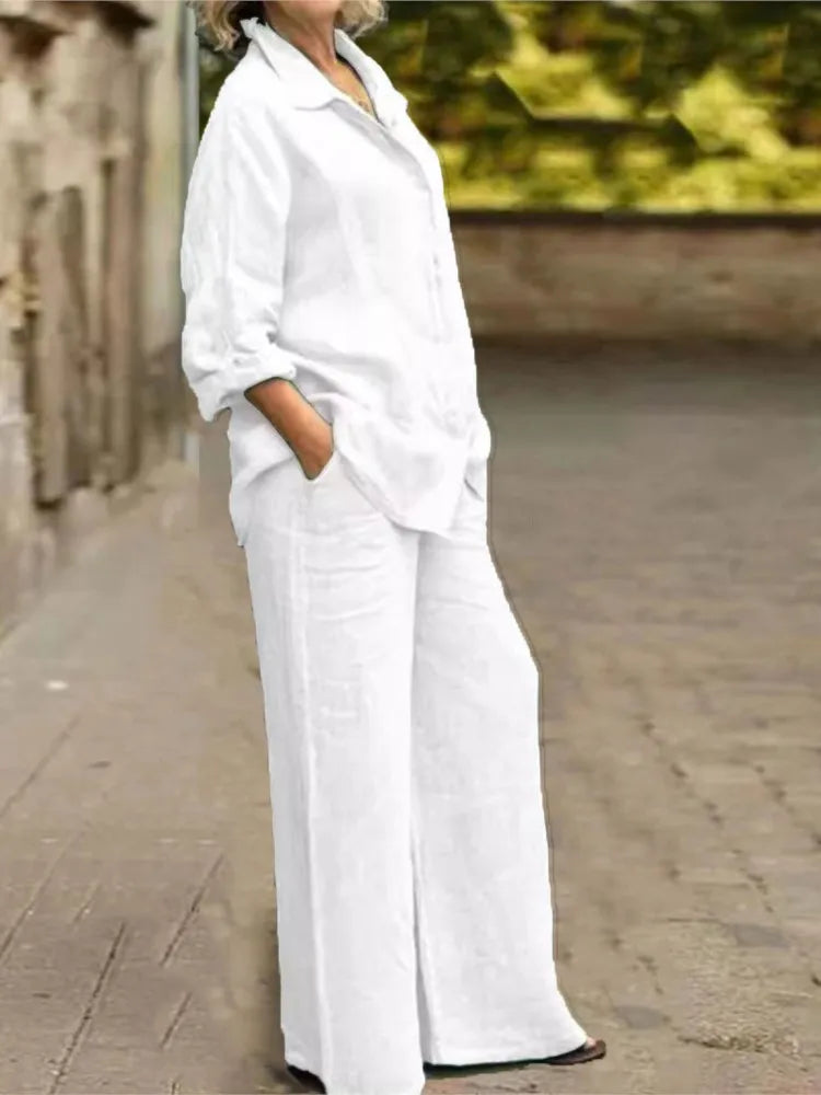 Fashion Cotton Linen Shirt Long Sleeved Women's Set Spring Autumn Loose Cotton  Linen Wide Leg Trousers Female Office 2piece Set