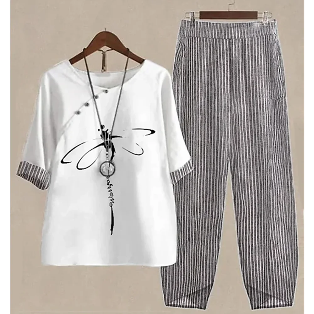 Summer 2 Piece Set Women Loose Short Sleeve Shirt Top High Waist Pants Flower Print Outfits Ladies Elegant Vintage Suit Fall