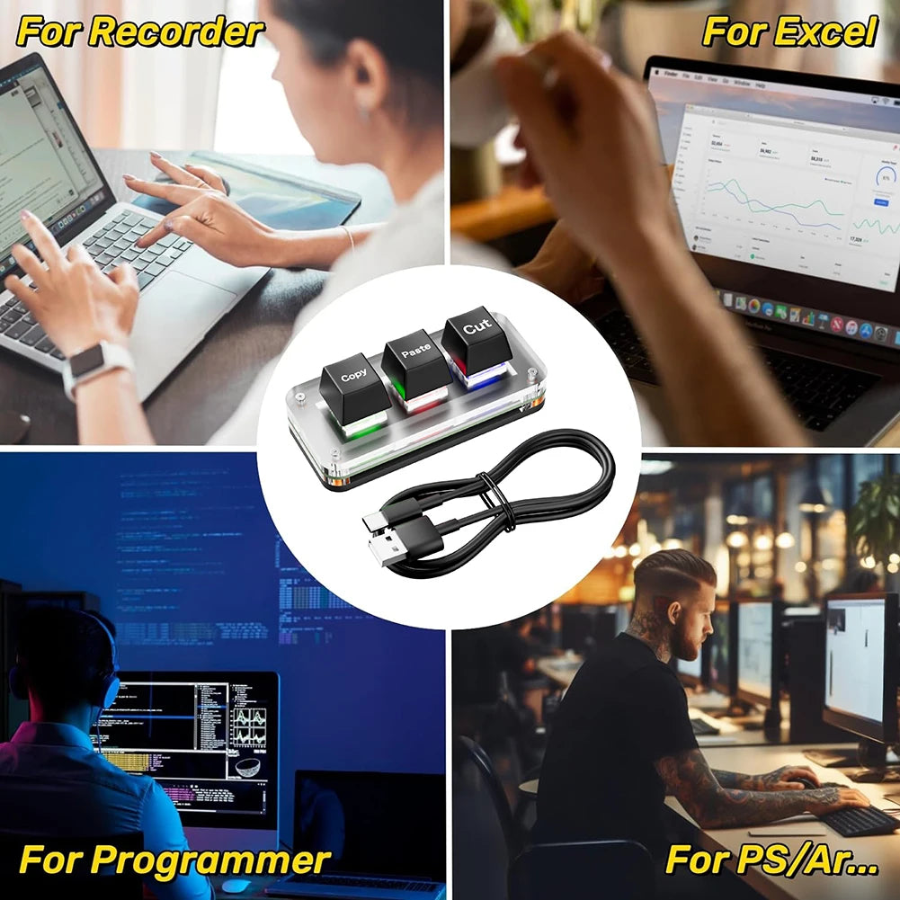 RGB Mini Cut Copy Paste Keyboard 3-Key Ctrl X C V Shortcut One Handed Keyboard USB Type-C Macro Keypad Programmable Keyboard