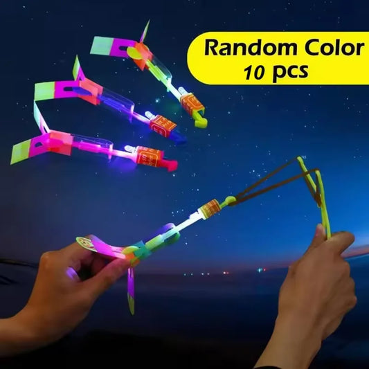 Rocket Slingshot Flying Toys with LED Lights 10Pcs Helicopters + 10Pcs Launchers Slingshots Rocket Launcher for Kids Boys Girls