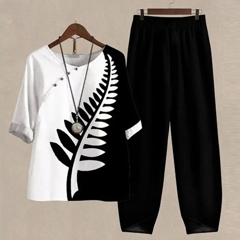 Summer 2 Piece Set Women Loose Short Sleeve Shirt Top High Waist Pants Flower Print Outfits Ladies Elegant Vintage Suit Fall