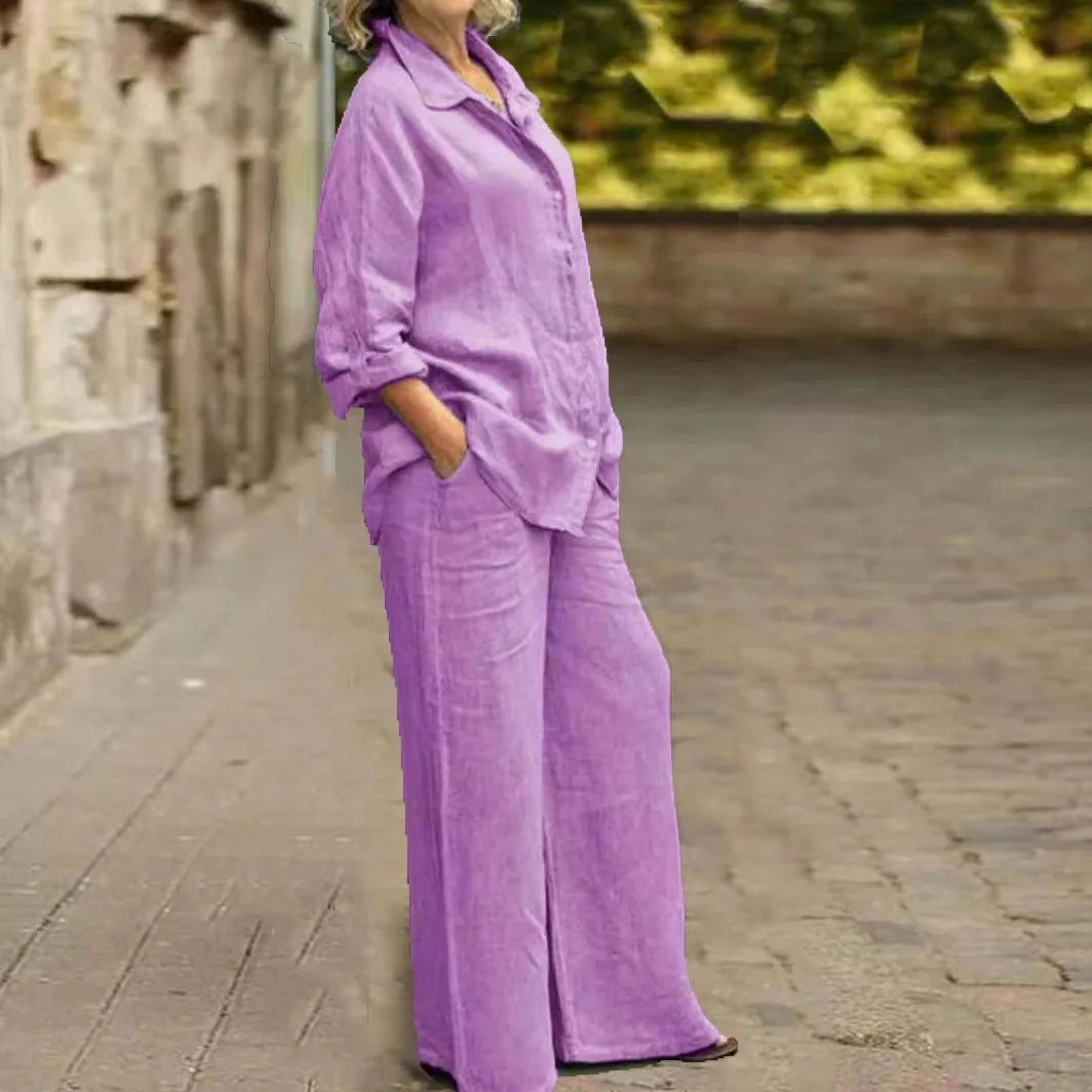 Fashion Cotton Linen Shirt Long Sleeved Women's Set Spring Autumn Loose Cotton  Linen Wide Leg Trousers Female Office 2piece Set