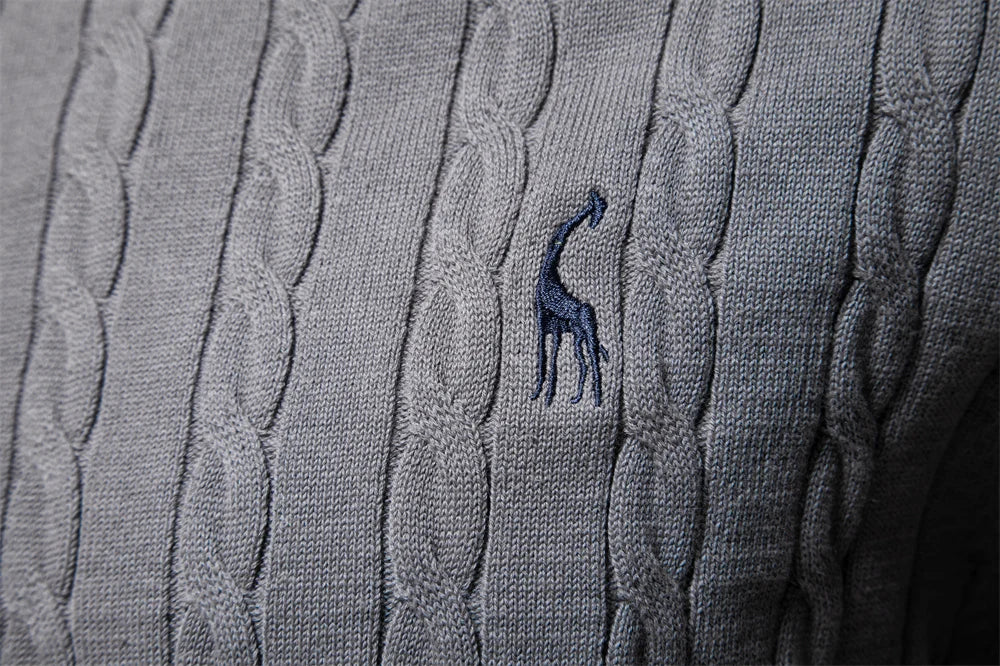 AIOPESON Mens Giraffe Embroidery Cotton Sweaters Round Neck Classic Twist Patterned Pullover Knitted Sweater for Men