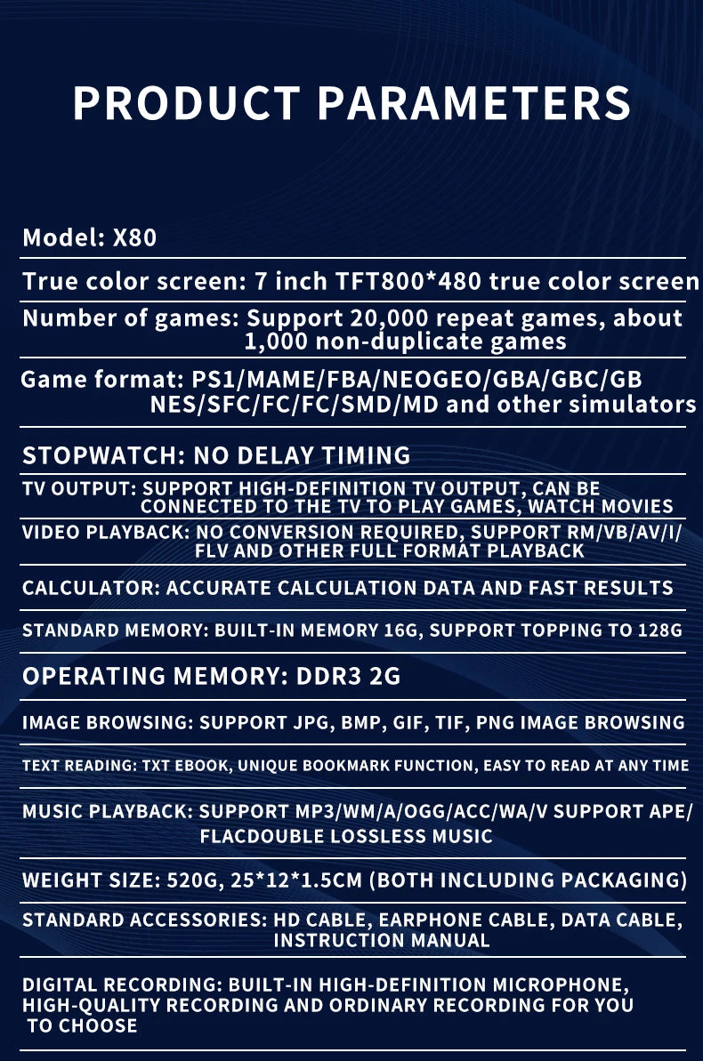 X80 Retro Handheld Game Console 7 Inch Screen HD TV Portable Game Player Built-in 16GB 10000 Games 10 Simulators for PS/PS1/MAME