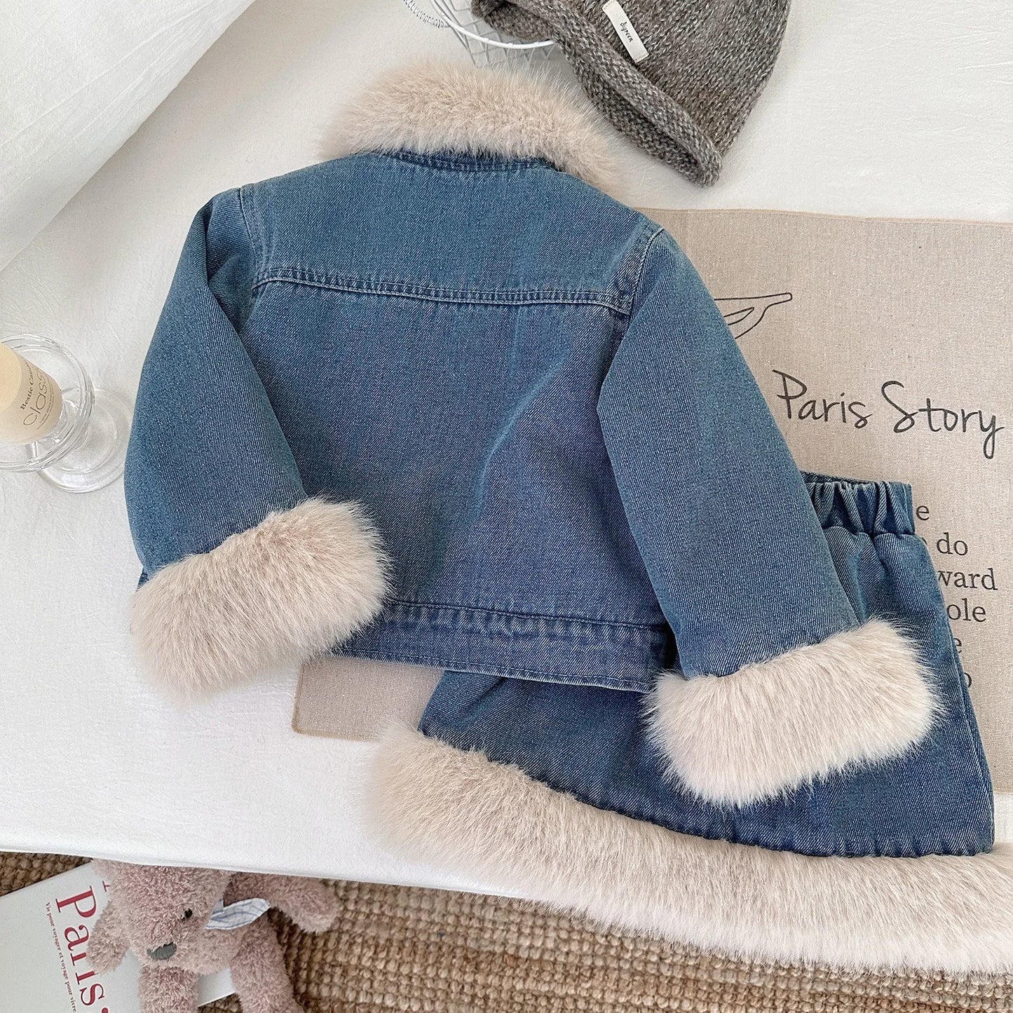 Children's Sets Girls' Fleece-Lined Denim Set Korean Winter Jacket & Skirt 2-Piece Thickened Outfit for Toddlers