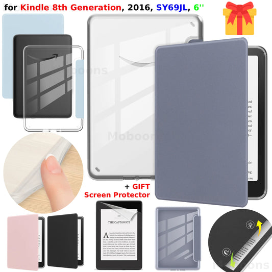 For Kindle 8th Gen Case 6" + Screen Protector SY69JL 2016 Clear Acrylic PU Leather Cover Sleep/Wake for Kindle Accessories Funda